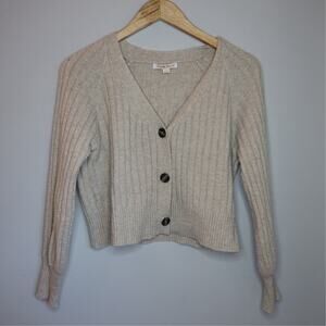 Poof Apparel Ribbed Knit Cropped Cardigan Oatmeal Cottagecore Grandmacore Sz S